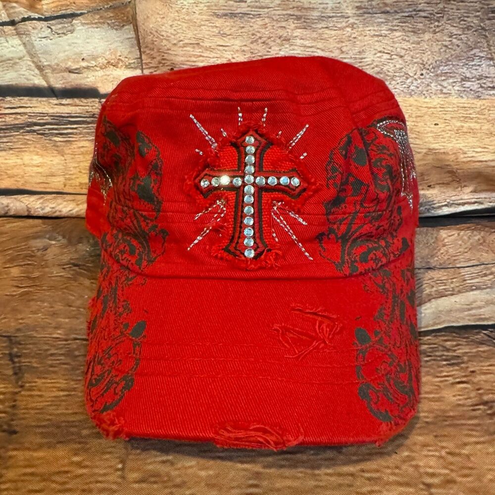 KB Ethos Original Vintage Cadet Hat Red Cross Rhinestone Wing Distressed Cap